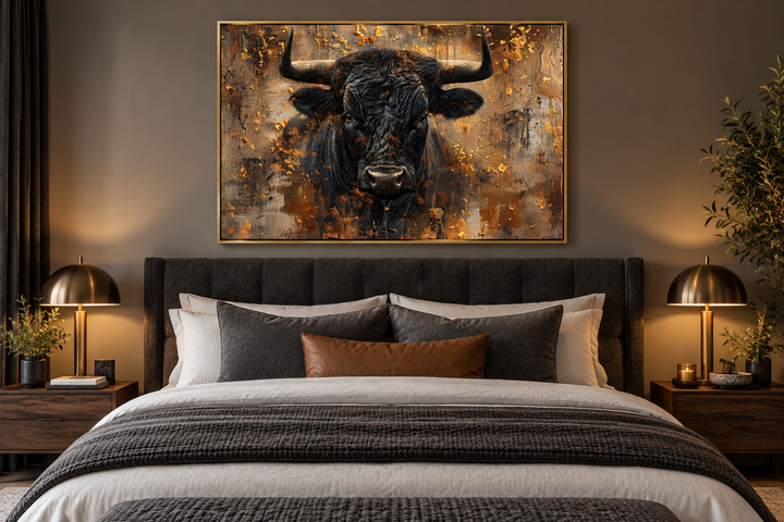 Charging bull head on gold and black framed canvas wall art hanging above a bed in a modern bedroom.