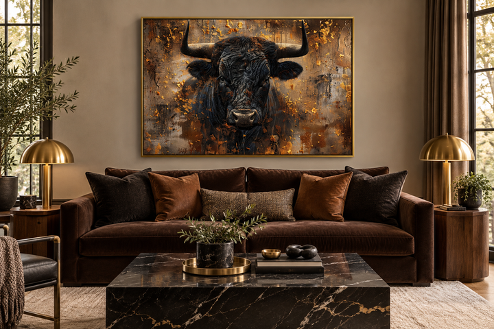 Charging bull head on gold and black framed canvas wall art hanging above a brown velvet sofa.