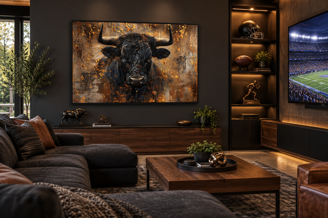 Framed canvas wall art of a black charging bull head on a textured gold and black background.
