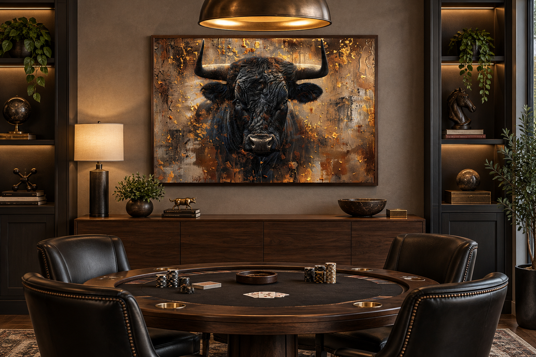Charging bull head on gold and black framed canvas wall art hanging in a masculine game room.