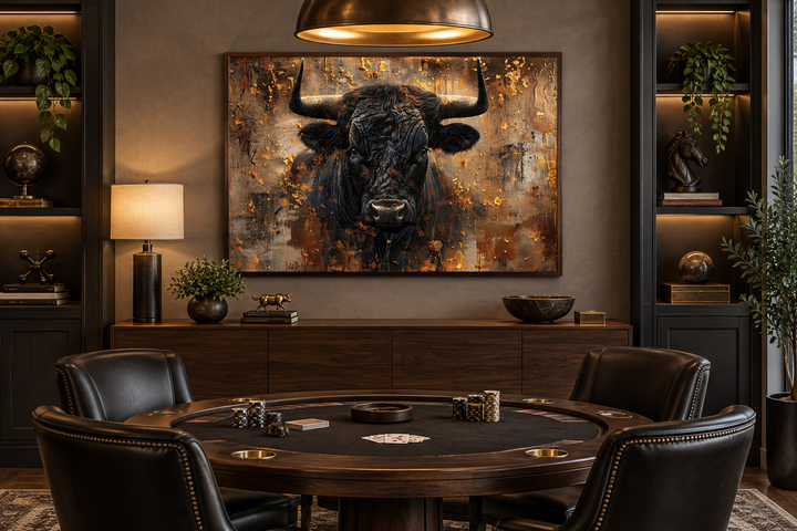 Charging bull head on gold and black framed canvas wall art hanging in a masculine game room.