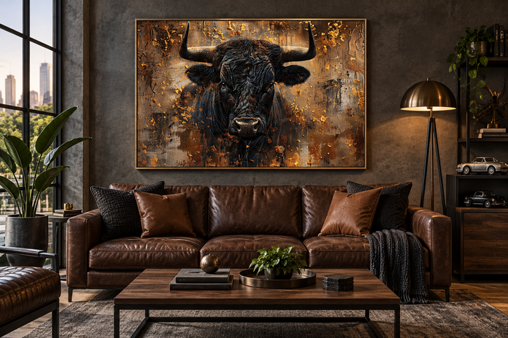 A framed canvas wall art piece featuring a black bull head against a textured gold background.