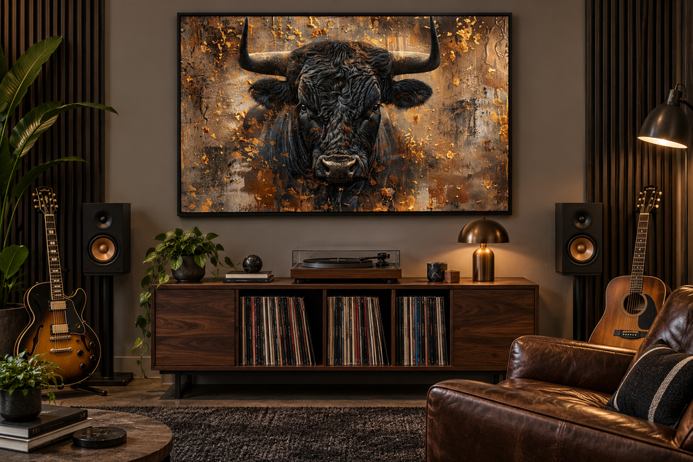 Charging bull head on gold and black framed canvas wall art displayed above a record player console.