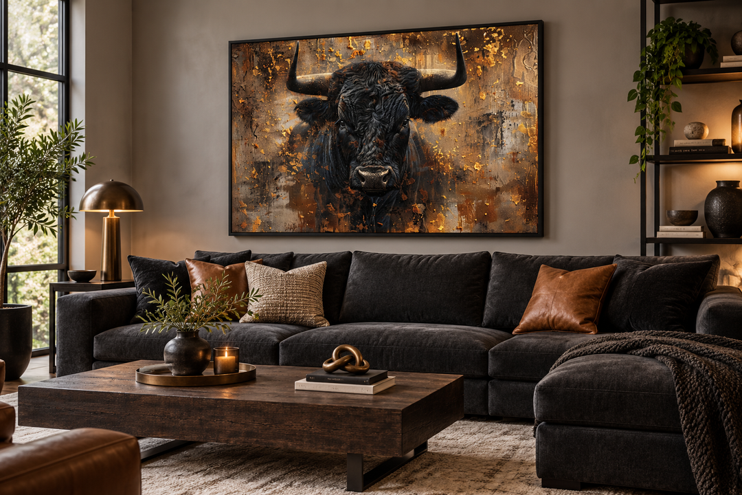 Charging bull head on gold and black framed canvas wall art hanging above a dark grey sofa.