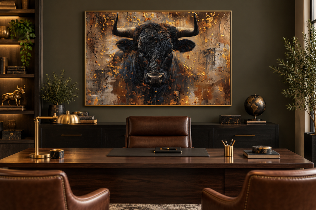 Charging bull head on gold and black framed canvas wall art hanging in a dark, modern office.