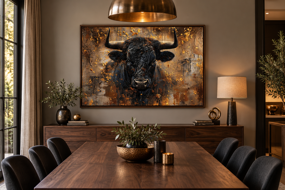 Charging bull head on gold and black framed canvas wall art hanging in a modern dining room.