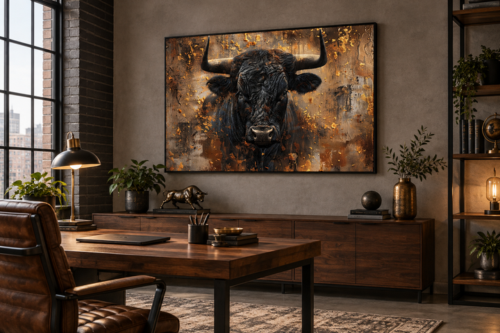 Charging bull head on gold and black framed canvas wall art hanging in a modern office setting.
