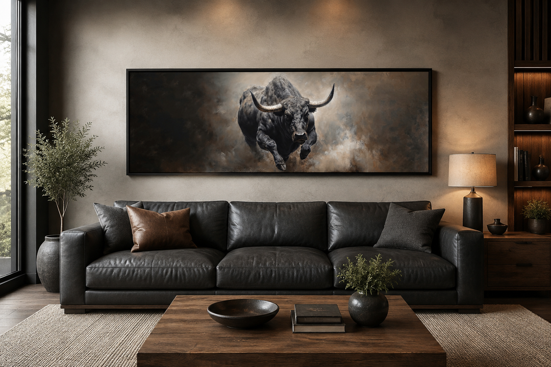 Charging bull long horizontal canvas print above a black leather sofa in a modern masculine room.