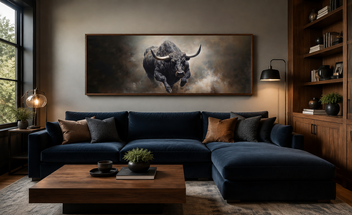 Long horizontal canvas art of a dark charging bull above a navy blue sectional sofa in a study.