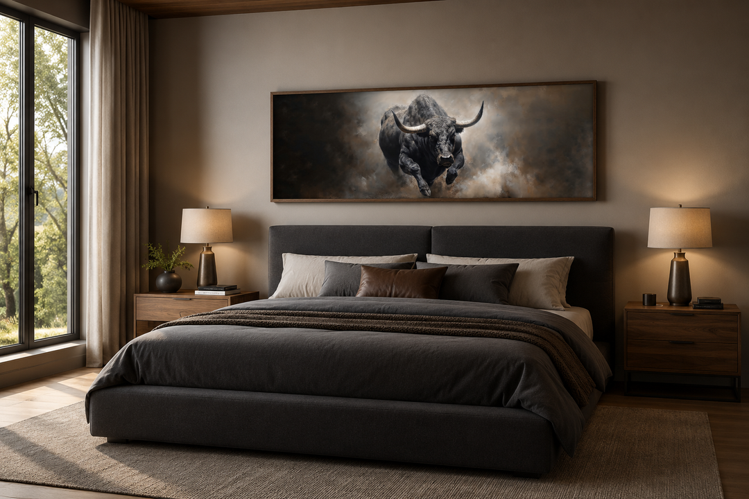 Charging bull long horizontal canvas print above a bed in a modern masculine bedroom.