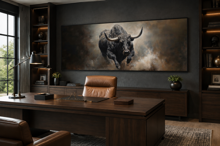 Charging bull horizontal canvas wall art in a modern office with dark wood and leather furniture.