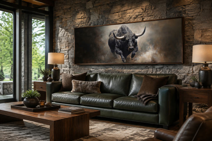 Charging bull long horizontal canvas print above a green leather sofa in a rustic stone wall room.