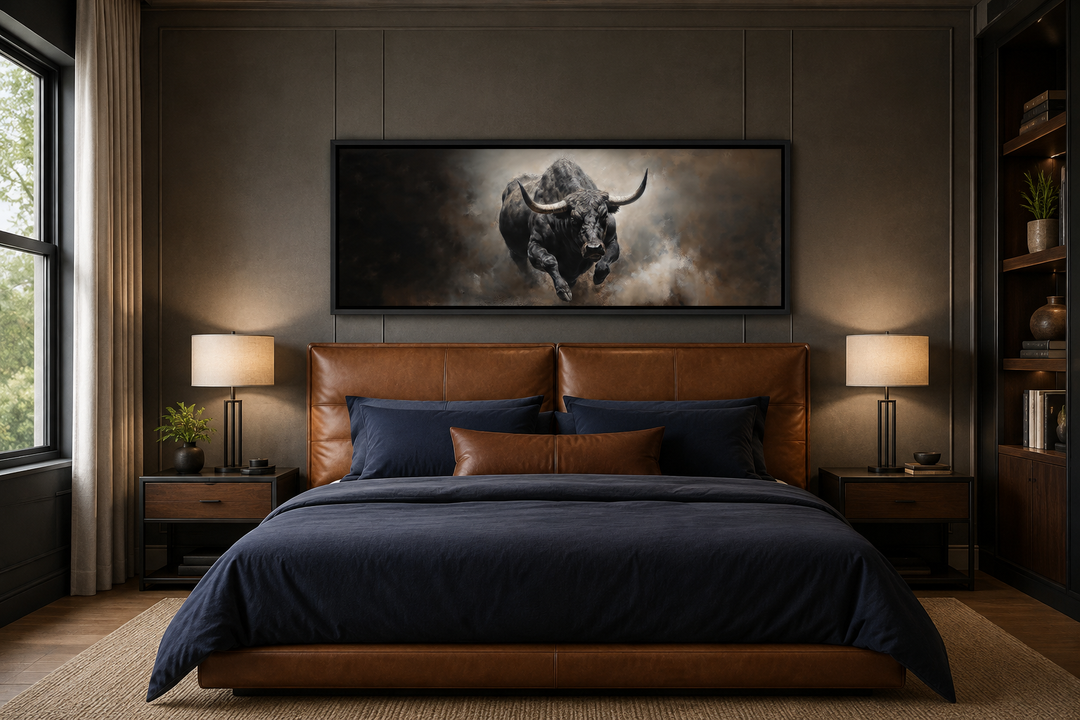 Charging bull long horizontal canvas art hanging above a leather bed in a modern bedroom.