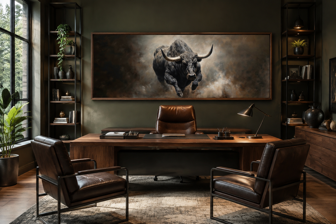 Charging bull long horizontal canvas print displayed in a modern office above a wooden desk.