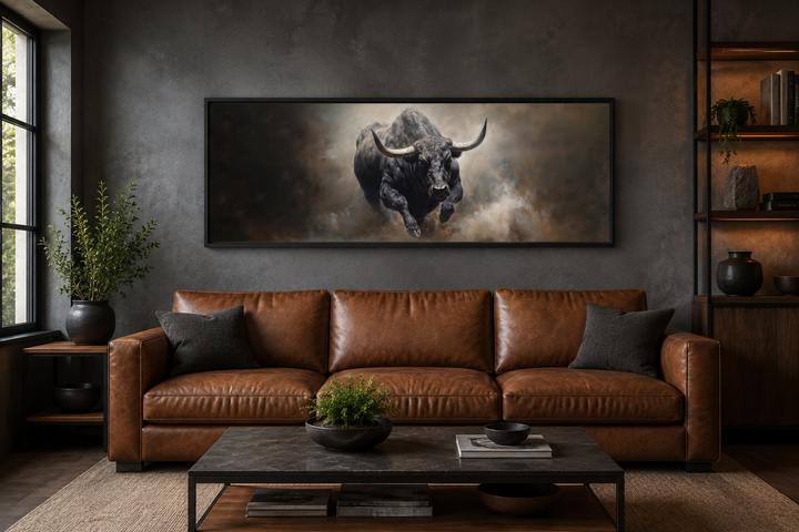 Charging bull long horizontal canvas wall art above a brown leather sofa in a modern office.