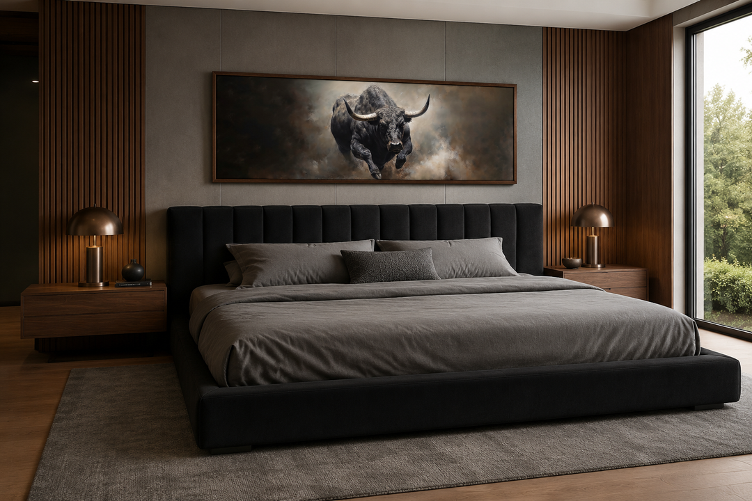 Charging bull long horizontal canvas wall art above a bed in a modern masculine bedroom.