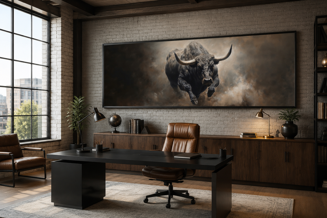 Charging bull long horizontal canvas wall art in a modern office above a desk.