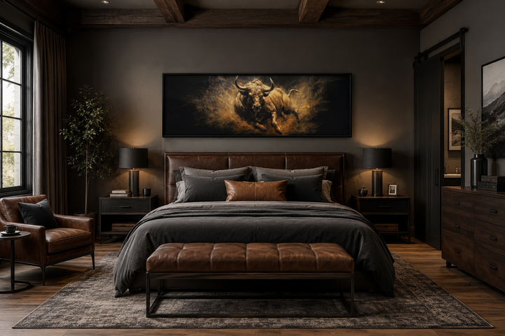 Charging bull horizontal canvas wall art above a bed in a dark, masculine bedroom.