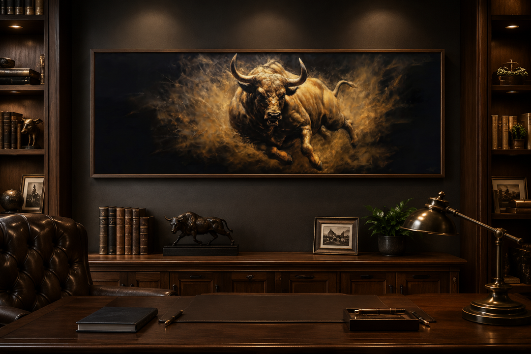 Charging bull long horizontal canvas wall art in a dark wood office with a leather chair.