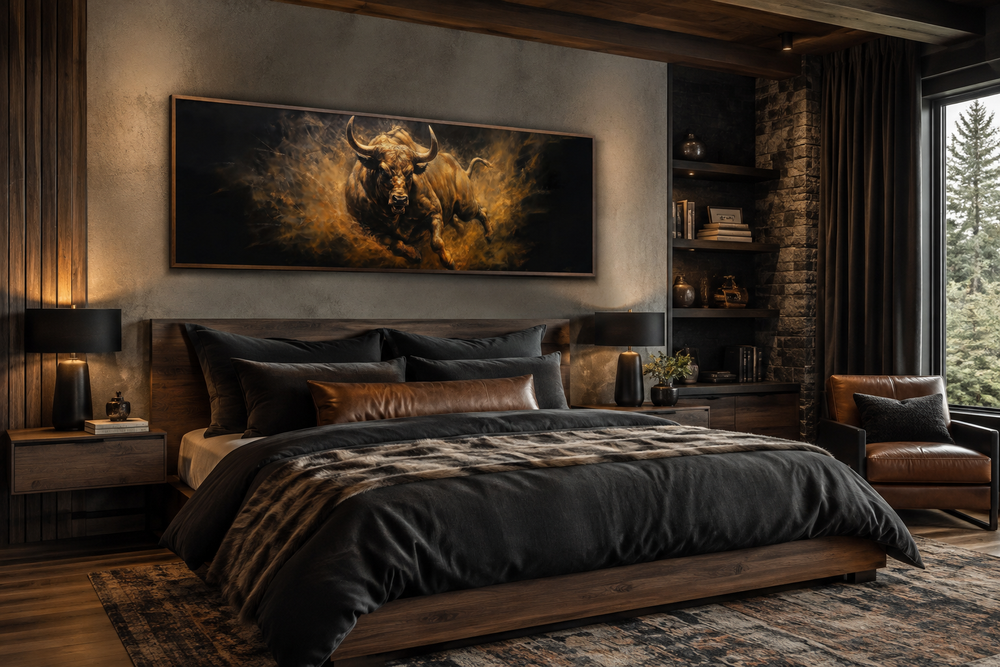 Charging bull horizontal canvas wall art above a bed in a modern masculine bedroom.