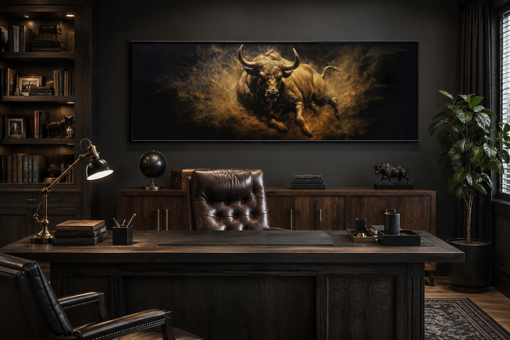 Charging bull canvas wall art in a dark, masculine office with a leather chair and wooden desk.