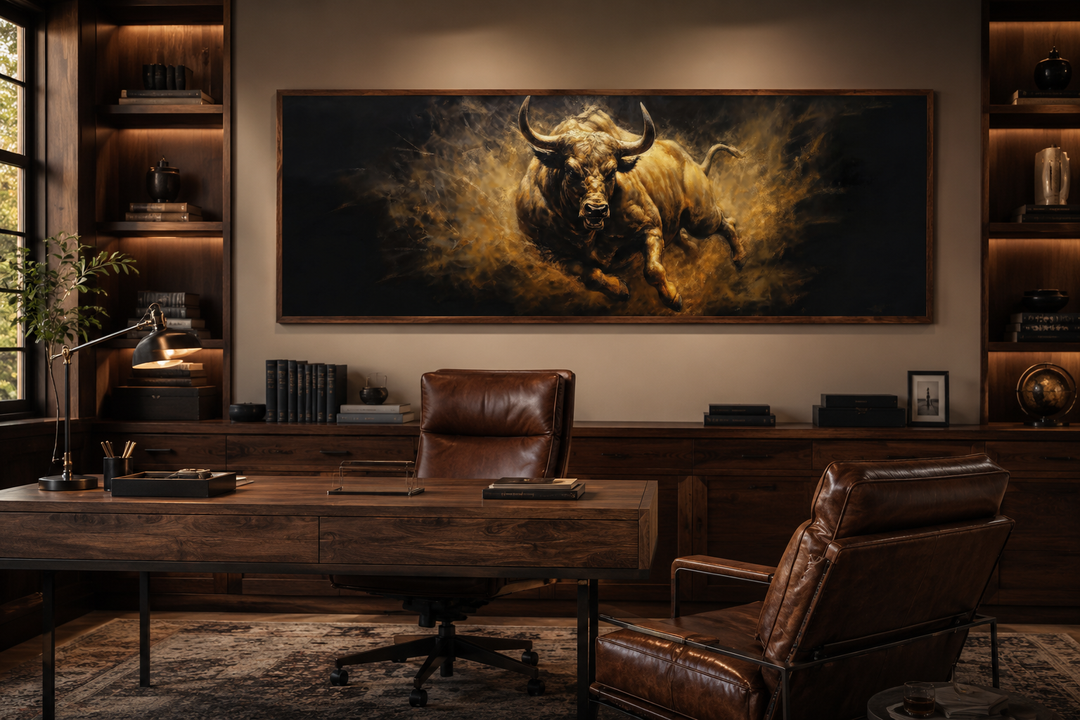 Charging bull horizontal canvas wall art in a dark wood office with leather chairs.