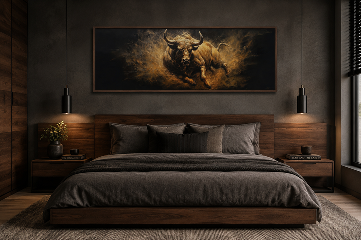 Charging bull horizontal canvas wall art above a dark wood bed in a modern masculine bedroom.