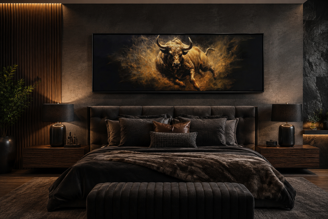 Charging bull canvas wall art in a masculine bedroom with dark tones and warm lighting.
