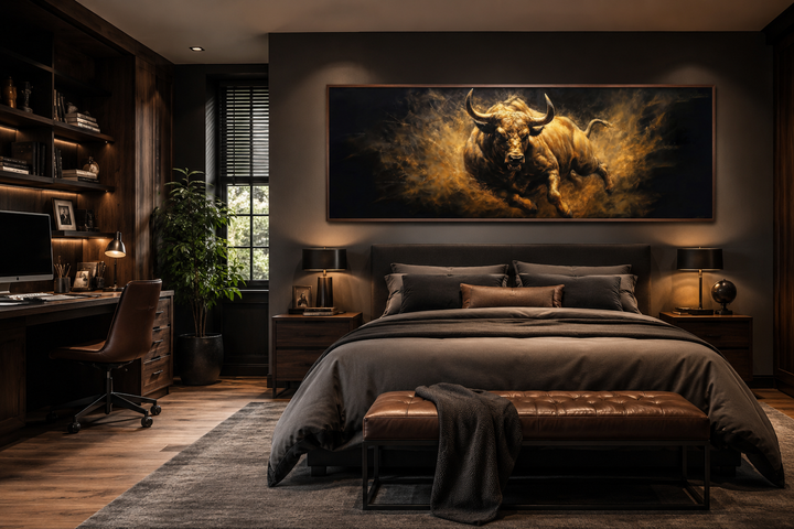 Charging bull horizontal canvas wall art above a bed in a dark, masculine bedroom with wood accents.