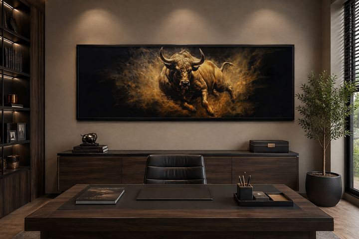 Charging bull horizontal canvas wall art in a dark wood office above a desk and credenza.