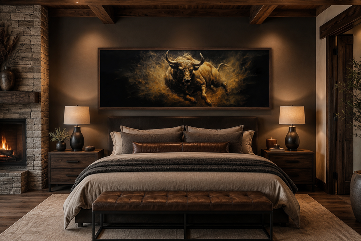 Charging bull horizontal canvas wall art above a bed in a rustic bedroom with a stone fireplace.