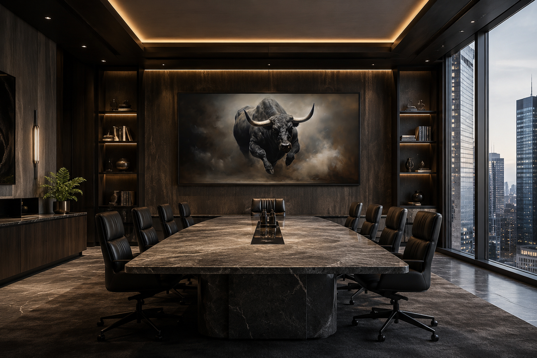 Framed canvas print of a charging bull in a dark, modern boardroom with a large marble table.