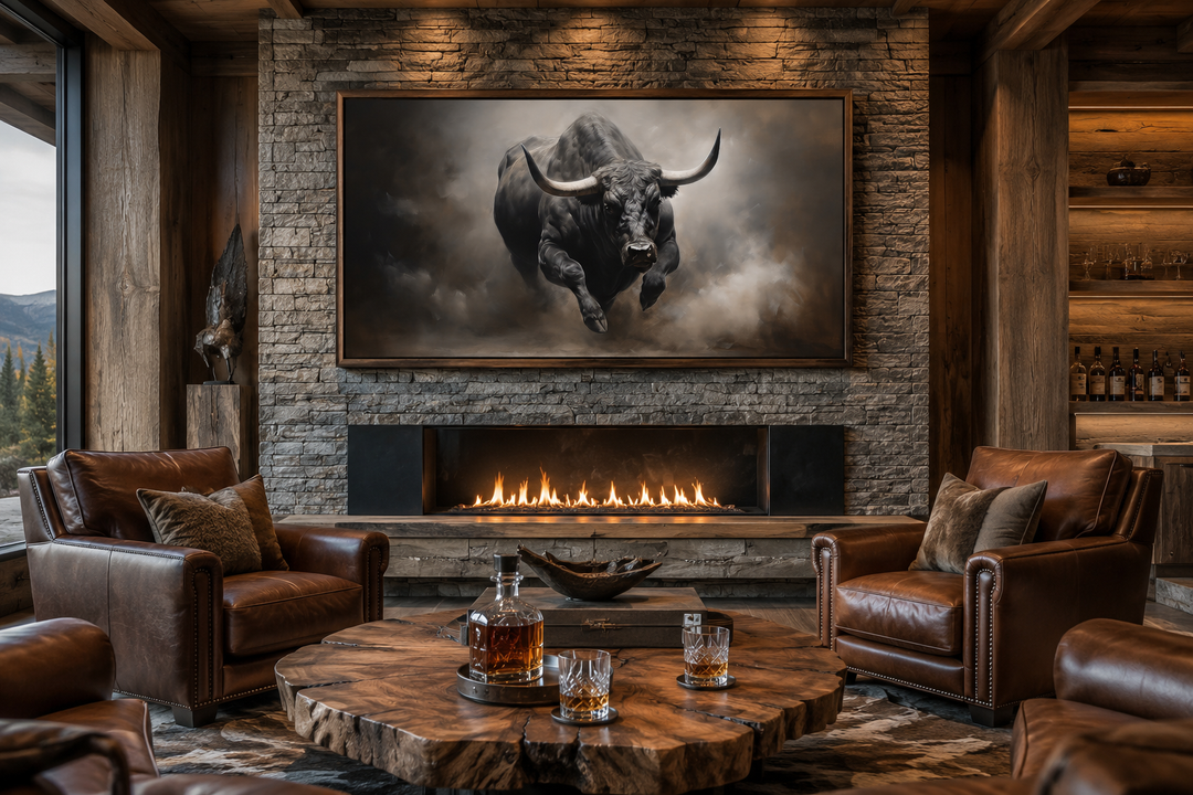 Framed charging bull canvas print above a fireplace in a rustic living room with leather chairs.