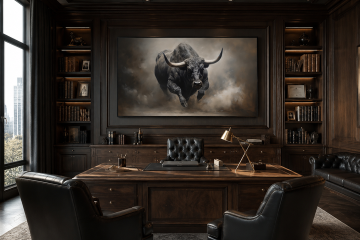 Framed charging bull canvas print centered in a dark wood paneled office with a large desk.
