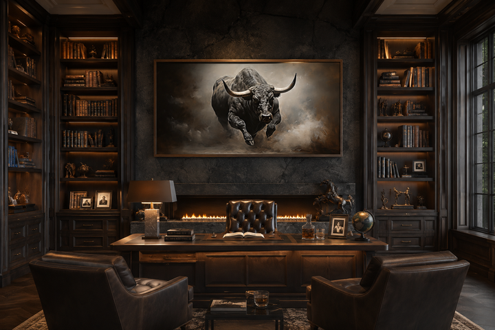 Framed canvas print of a charging bull in a dark, rustic office setting above a fireplace.
