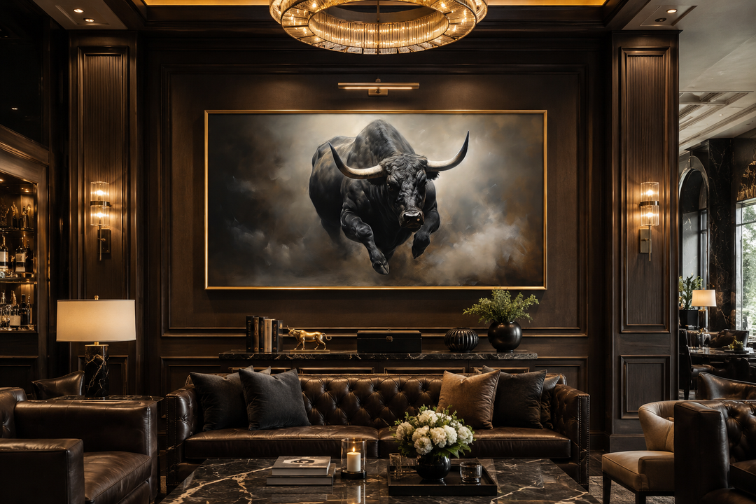 Framed charging bull canvas print in a dark, modern living room with leather furniture.