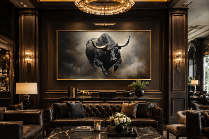 Framed charging bull canvas print in a dark, modern living room with leather furniture.