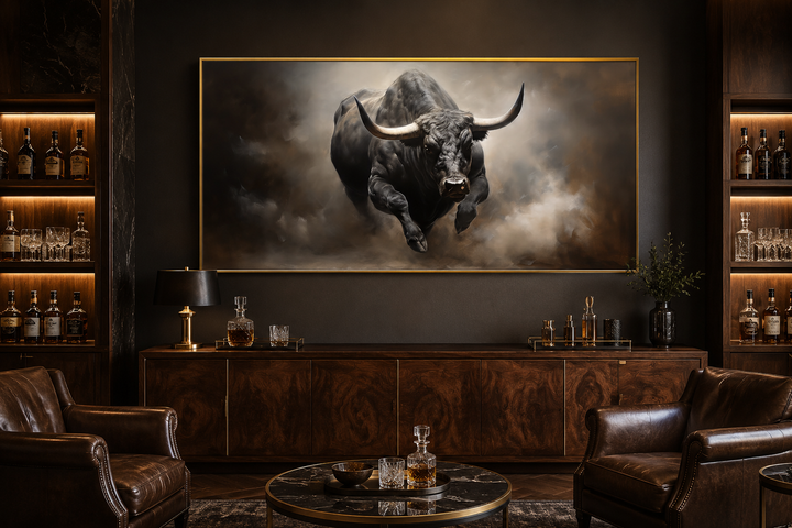 Framed charging bull canvas print in a dark, rustic man cave with leather chairs and a wood cabinet.