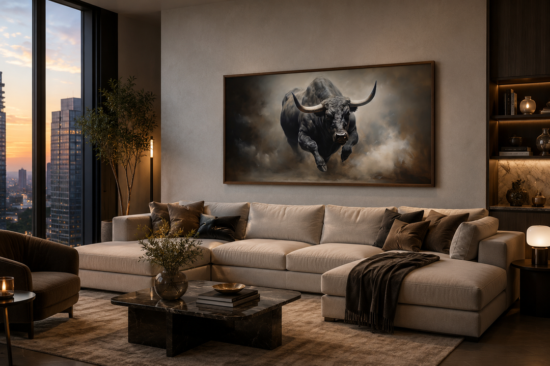 Charging bull wall art in a dark wood frame hanging above a beige sectional sofa in a modern room.
