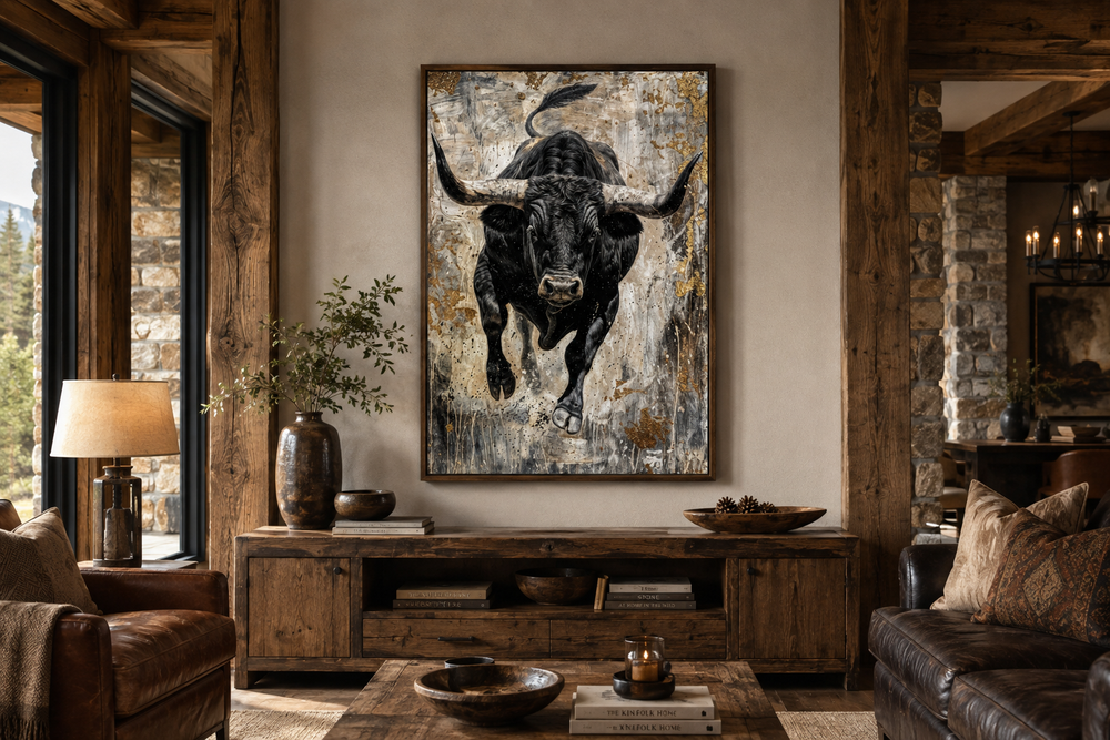 Vertical abstract painting of a black charging bull with gold accents in a rustic living room.