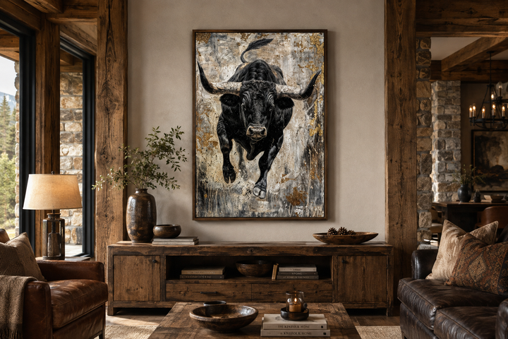 Vertical abstract painting of a black charging bull with gold accents in a rustic living room.