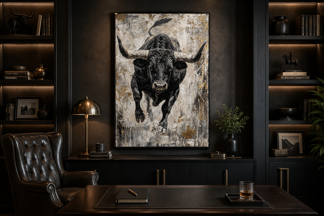 Charging bull vertical abstract painting in a dark, masculine office with a leather chair.