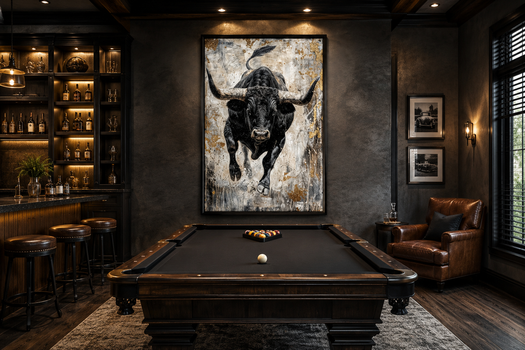 Vertical abstract painting of a charging black bull on a textured wall in a dark, modern man cave.