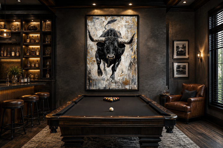 Vertical abstract painting of a charging black bull on a textured wall in a dark, modern man cave.