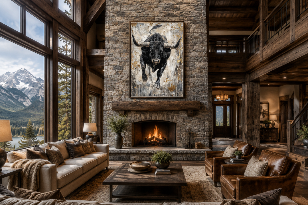 Vertical abstract painting of a charging black bull on a stone fireplace in a rustic living room.