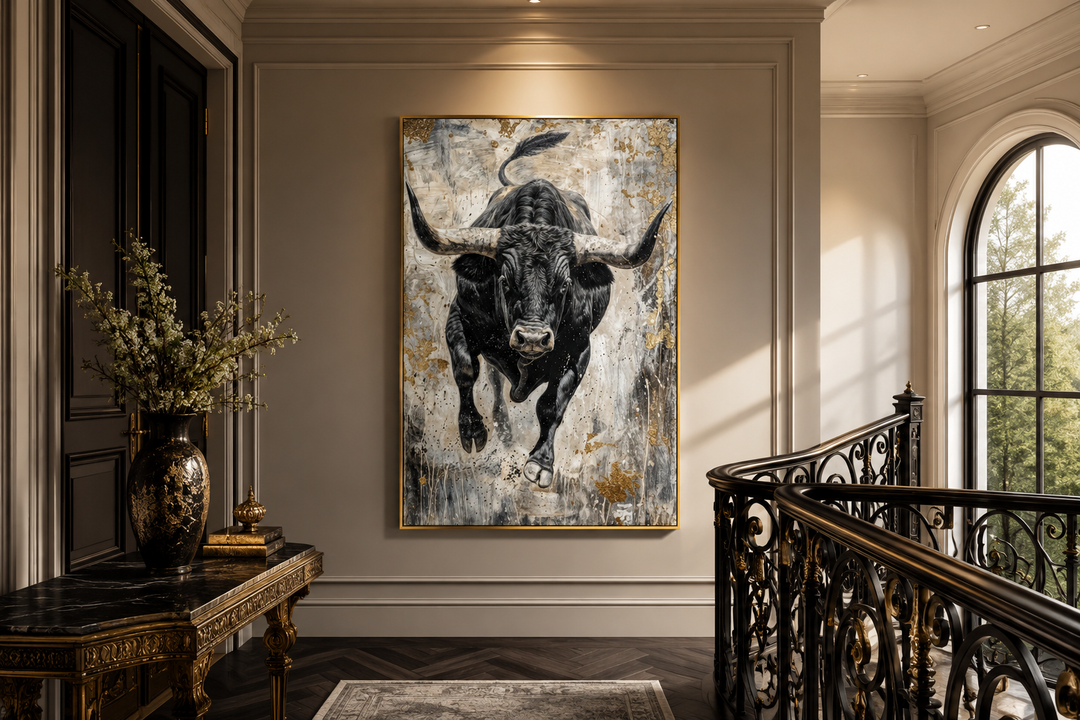 Vertical abstract painting of a charging black bull with gold accents in a luxury hallway.