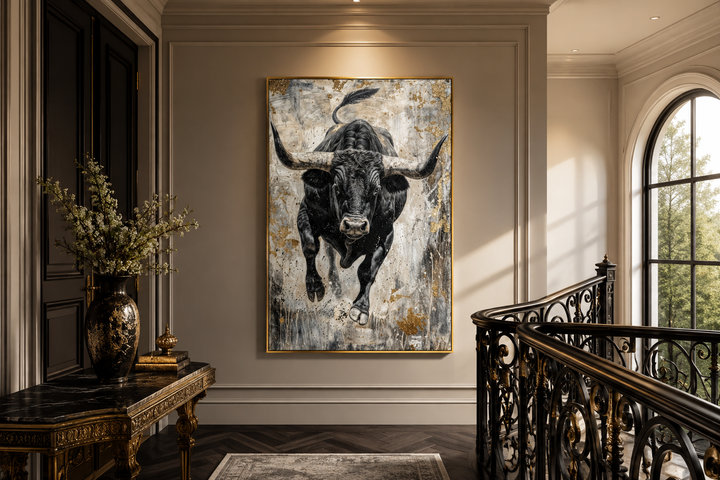 Vertical abstract painting of a charging black bull with gold accents in a luxury hallway.