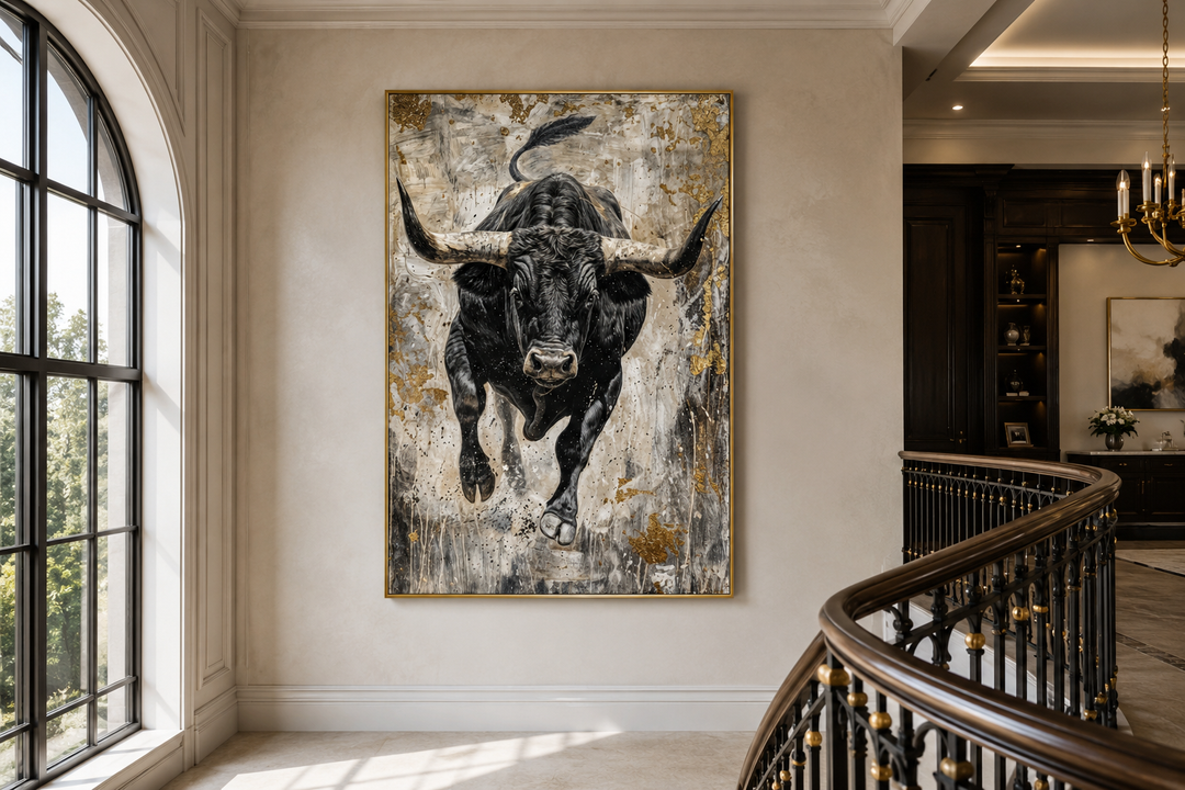 Vertical abstract painting of a charging black bull with gold accents in a modern interior.