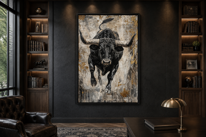 Vertical abstract painting of a charging black bull with gold accents in a dark, modern office.