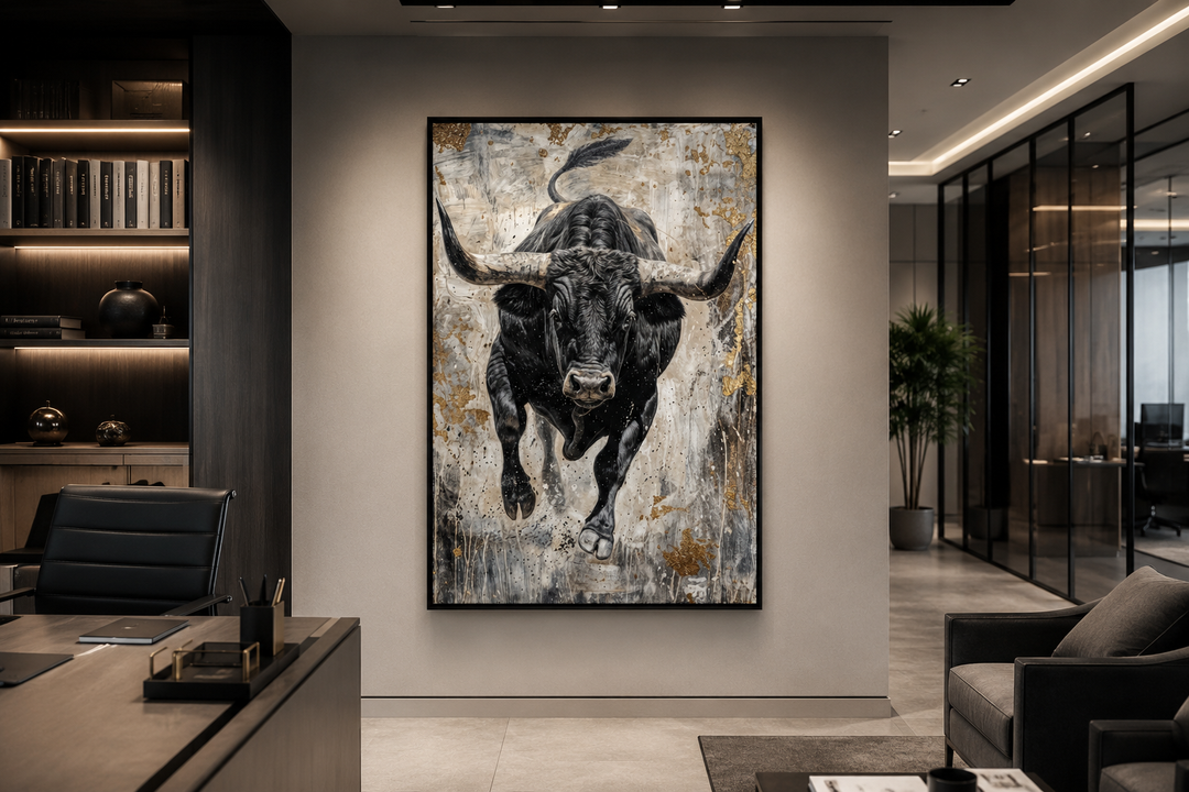 Vertical abstract painting of a charging black bull with gold accents in a modern office setting.